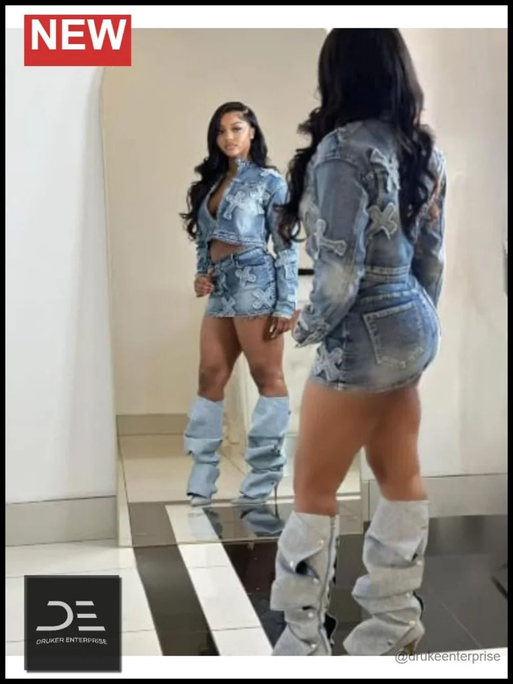 Denim 2 Piece Skirt Set Cropped Jacket Y2K Streetwear